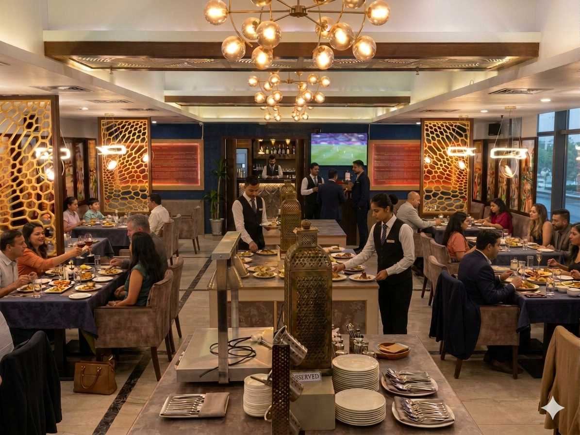 Golden Bird fine dining restaurant at Hotel Pushpak